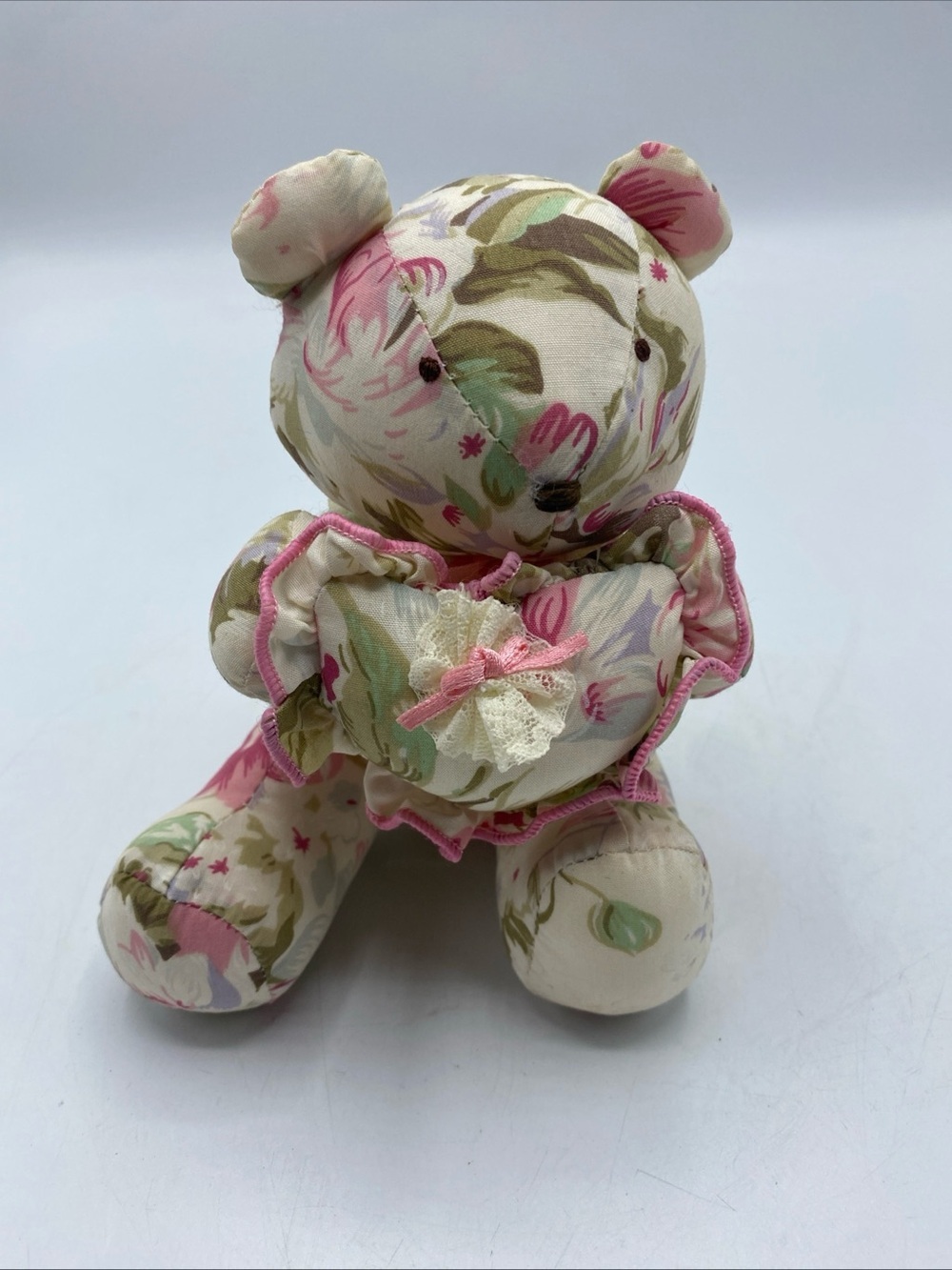 Vintage Morgan Dakin Teddy Bear Plush 1988 Flowers Pink Heart Lace 5” Granny Cor